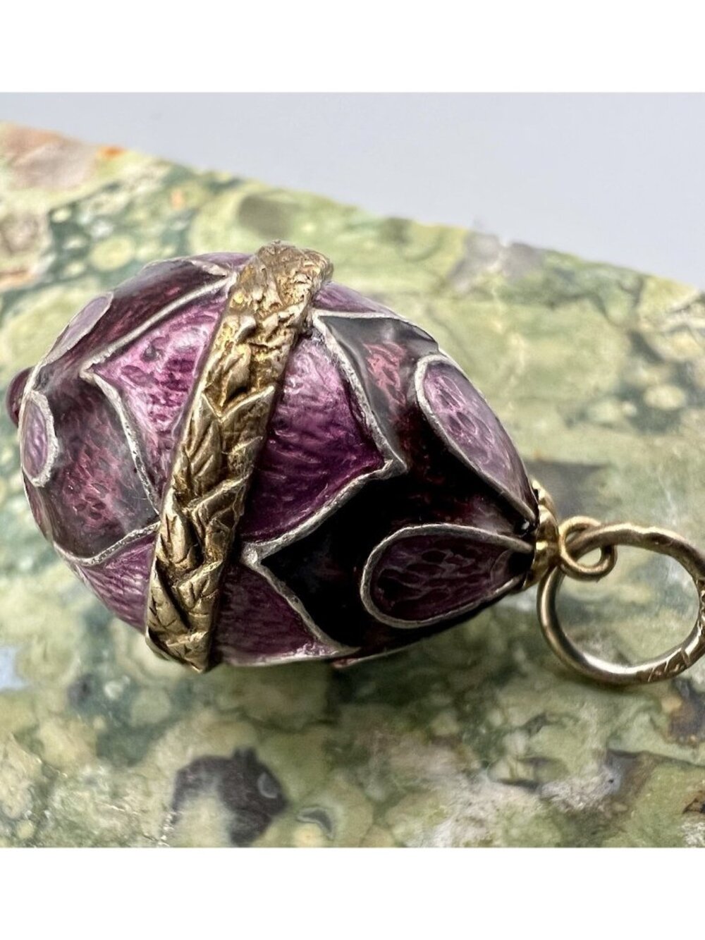 Vintage Purple Enameled Guilloche & Gilt Sterling Silver Egg Pendant